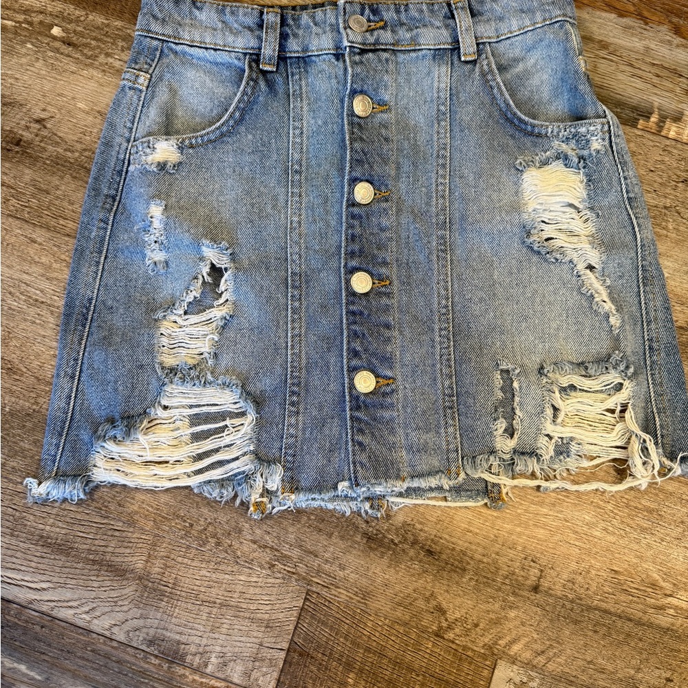 Free People Light Blue Distressed Denim Skirt